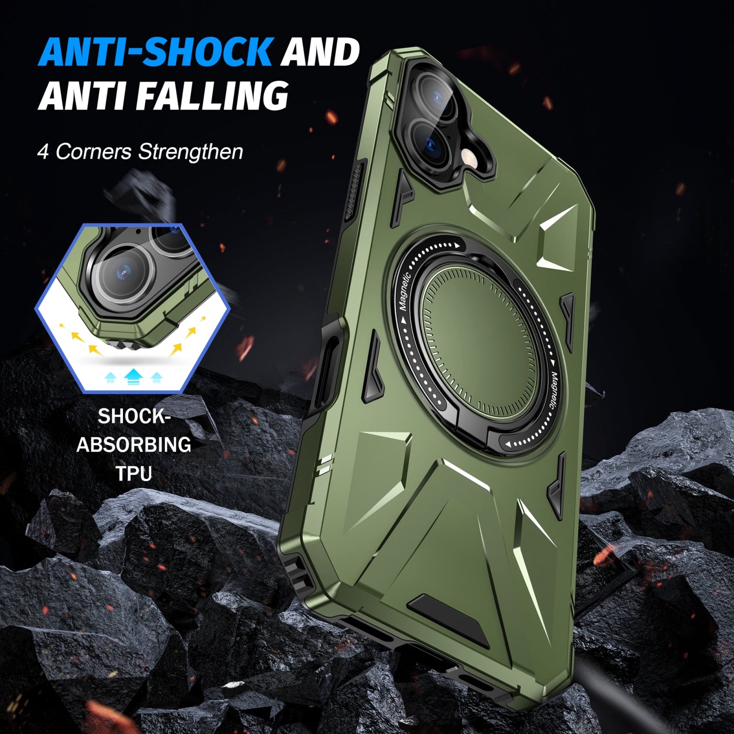 iPhone 16 MagSafe Shockproof Case - Magnetic Ring Holder, Rugged Protection, Wireless Charging Compatible