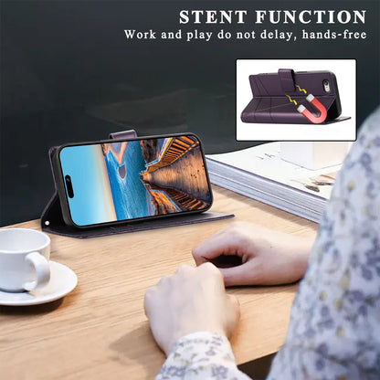 iPhone 6/6s PU Genuine Leather Texture Embossed Line Phone Case with Card Wallet, Kickstand & Wrist Strap