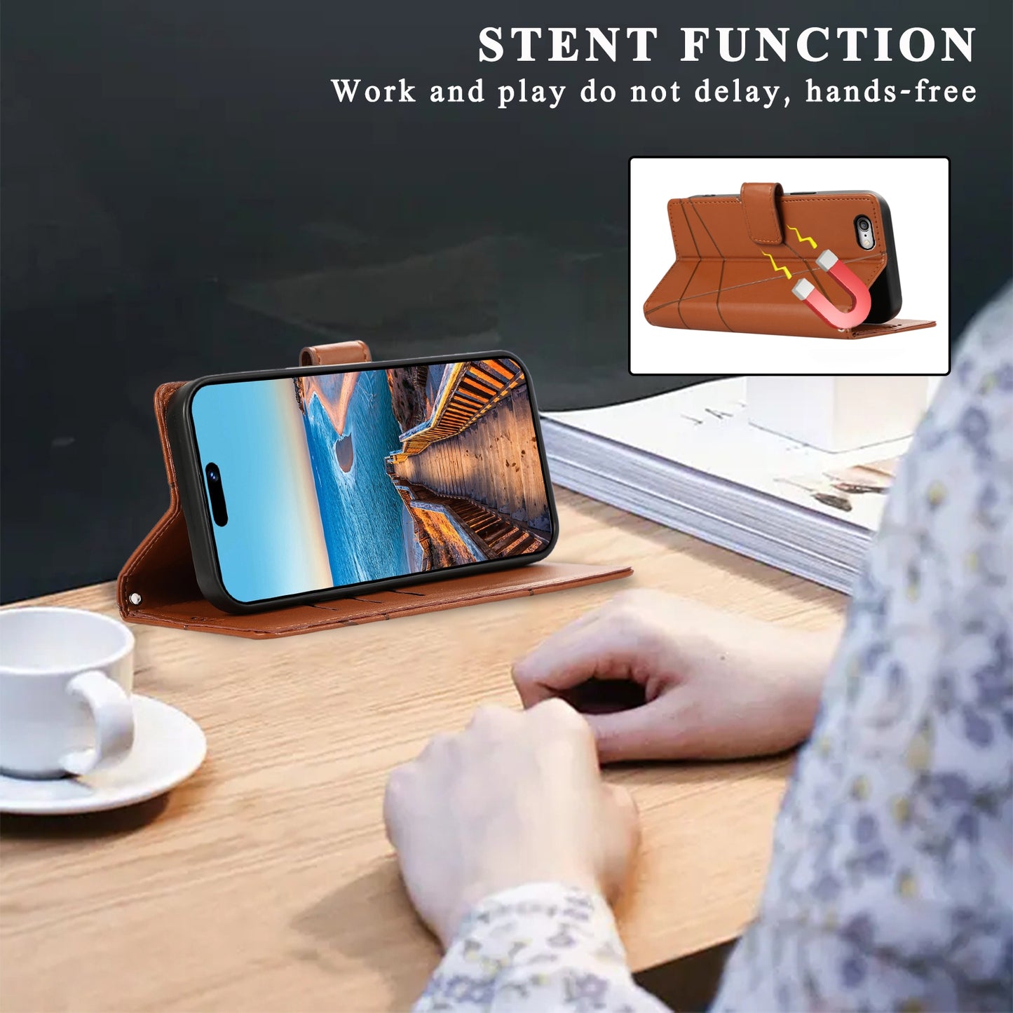 iPhone 6 Plus/6s Plus PU Genuine Leather Texture Embossed Line Phone Case with Card Wallet, Kickstand & Wrist Strap