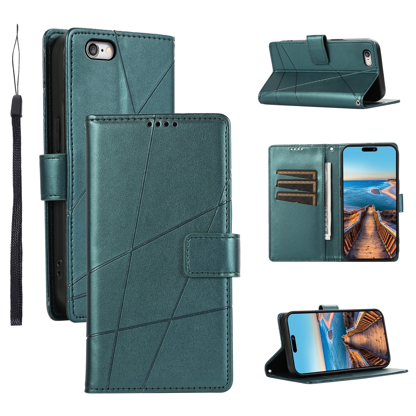 iPhone 6 Plus/6s Plus PU Genuine Leather Texture Embossed Line Phone Case with Card Wallet, Kickstand & Wrist Strap