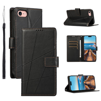 iPhone SE 2022/SE 2020 PU Genuine Leather Texture Embossed Line Phone Case with Card Wallet, Kickstand & Wrist Strap