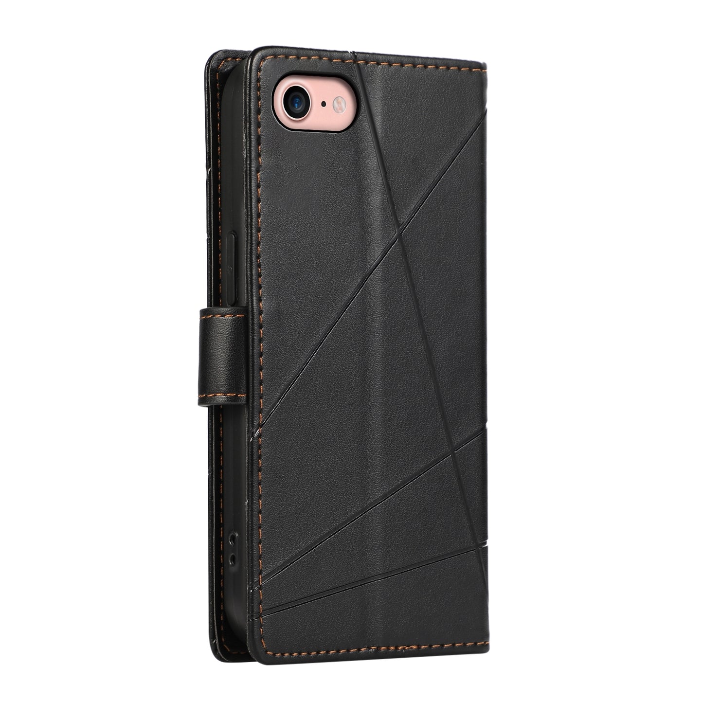 iPhone SE 2022/SE 2020 PU Genuine Leather Texture Embossed Line Phone Case with Card Wallet, Kickstand & Wrist Strap