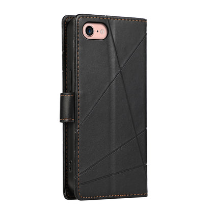 iPhone SE 2022/SE 2020 PU Genuine Leather Texture Embossed Line Phone Case with Card Wallet, Kickstand & Wrist Strap