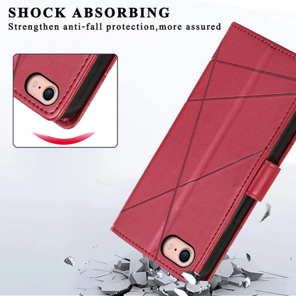 iPhone SE 2022/SE 2020 PU Genuine Leather Texture Embossed Line Phone Case with Card Wallet, Kickstand & Wrist Strap