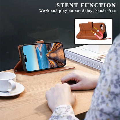 iPhone SE 2022/SE 2020 PU Genuine Leather Texture Embossed Line Phone Case with Card Wallet, Kickstand & Wrist Strap