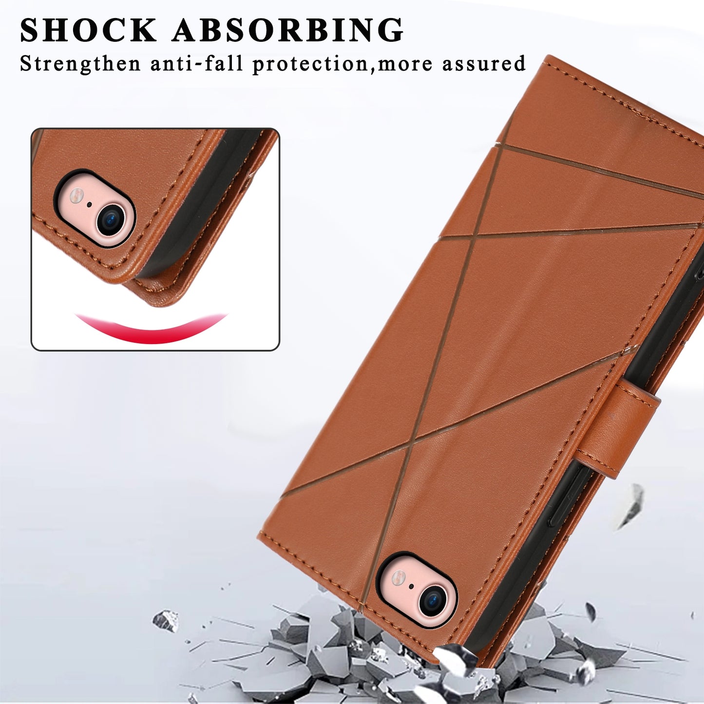 iPhone SE 2022/SE 2020 PU Genuine Leather Texture Embossed Line Phone Case with Card Wallet, Kickstand & Wrist Strap