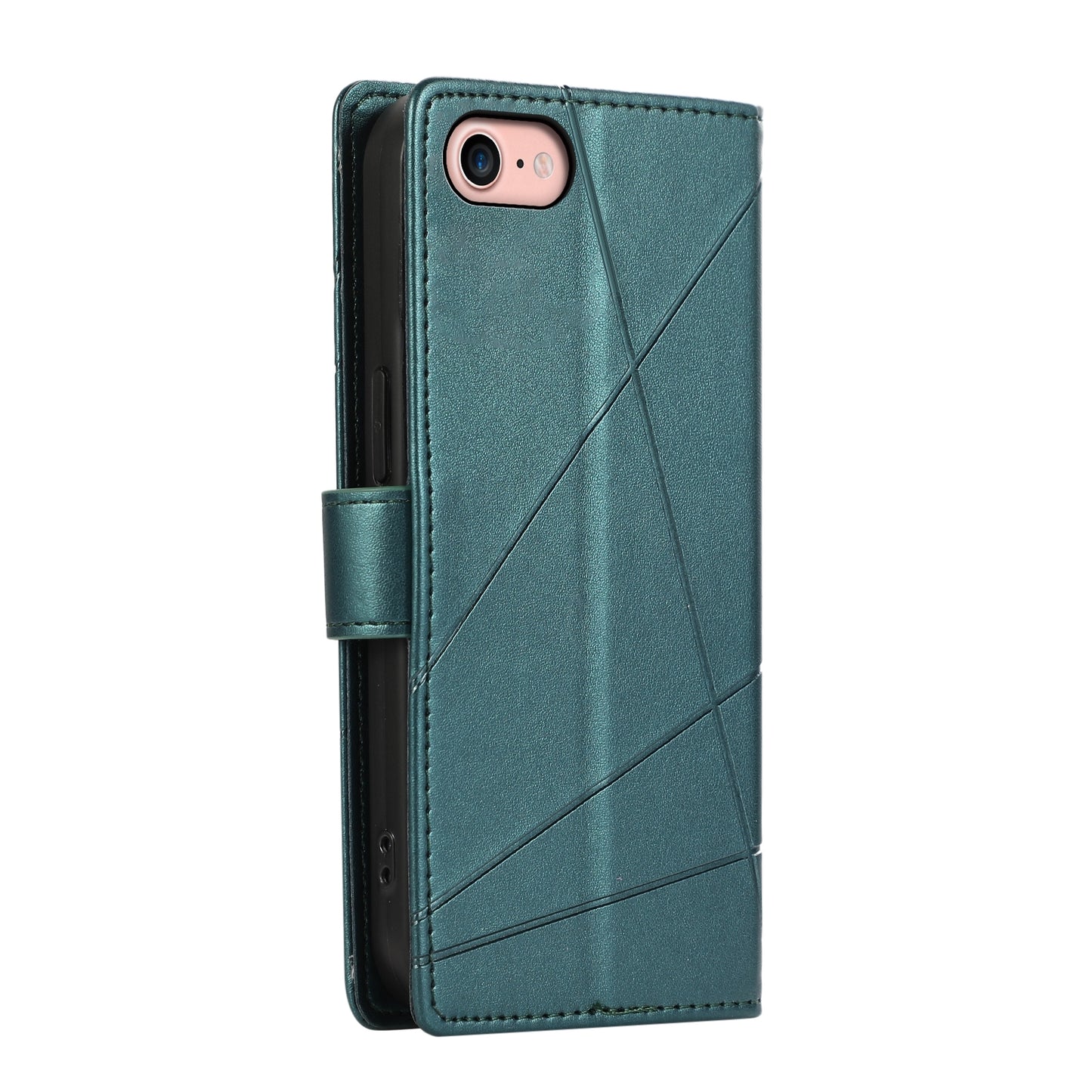 iPhone SE 2022/SE 2020 PU Genuine Leather Texture Embossed Line Phone Case with Card Wallet, Kickstand & Wrist Strap