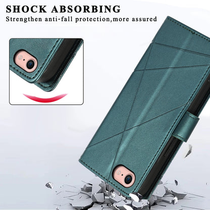 iPhone SE 2022/SE 2020 PU Genuine Leather Texture Embossed Line Phone Case with Card Wallet, Kickstand & Wrist Strap