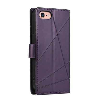 iPhone SE 2022/SE 2020 PU Genuine Leather Texture Embossed Line Phone Case with Card Wallet, Kickstand & Wrist Strap