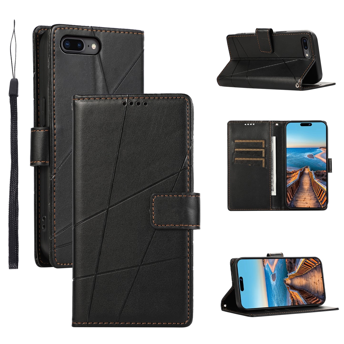 iPhone 7 Plus/8 Plus PU Genuine Leather Texture Embossed Line Phone Case with Card Wallet, Kickstand & Wrist Strap