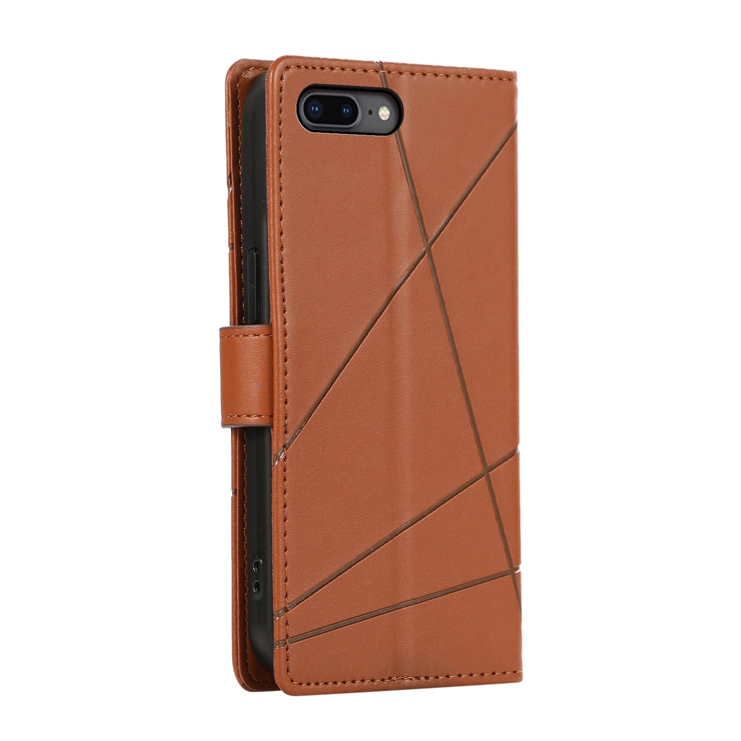 iPhone 7 Plus/8 Plus PU Genuine Leather Texture Embossed Line Phone Case with Card Wallet, Kickstand & Wrist Strap