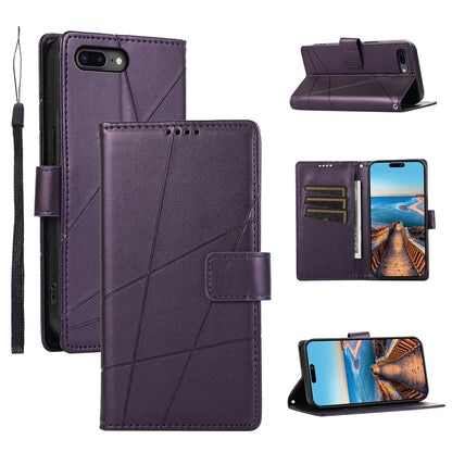 iPhone 7 Plus/8 Plus PU Genuine Leather Texture Embossed Line Phone Case with Card Wallet, Kickstand & Wrist Strap