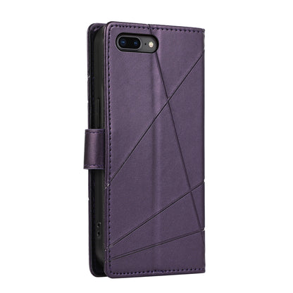 iPhone 7 Plus/8 Plus PU Genuine Leather Texture Embossed Line Phone Case with Card Wallet, Kickstand & Wrist Strap