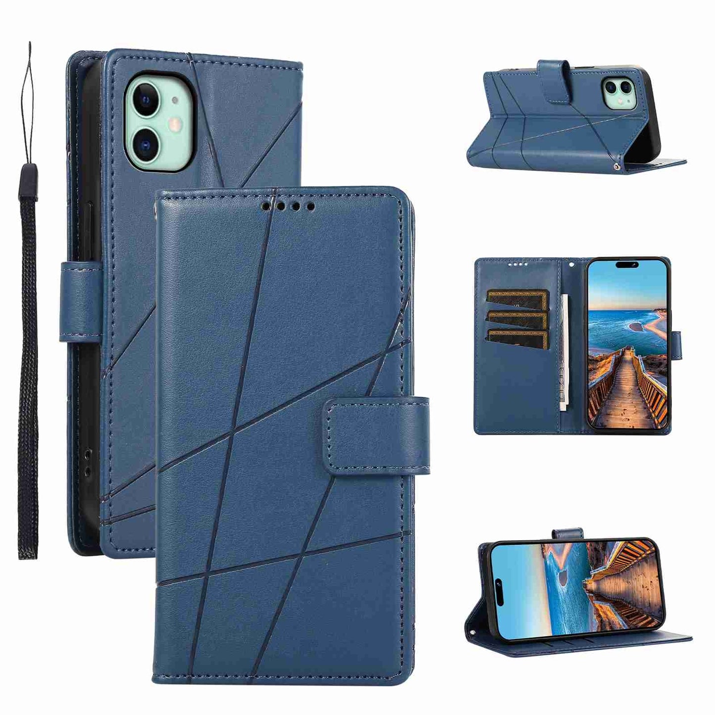 iPhone 11 PU Genuine Leather Texture Embossed Line Phone Case with Card Wallet, Kickstand & Wrist Strap