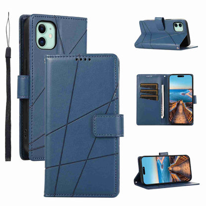 iPhone 11 PU Genuine Leather Texture Embossed Line Phone Case with Card Wallet, Kickstand & Wrist Strap