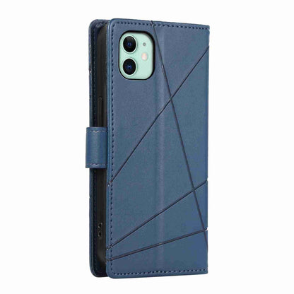 iPhone 11 PU Genuine Leather Texture Embossed Line Phone Case with Card Wallet, Kickstand & Wrist Strap