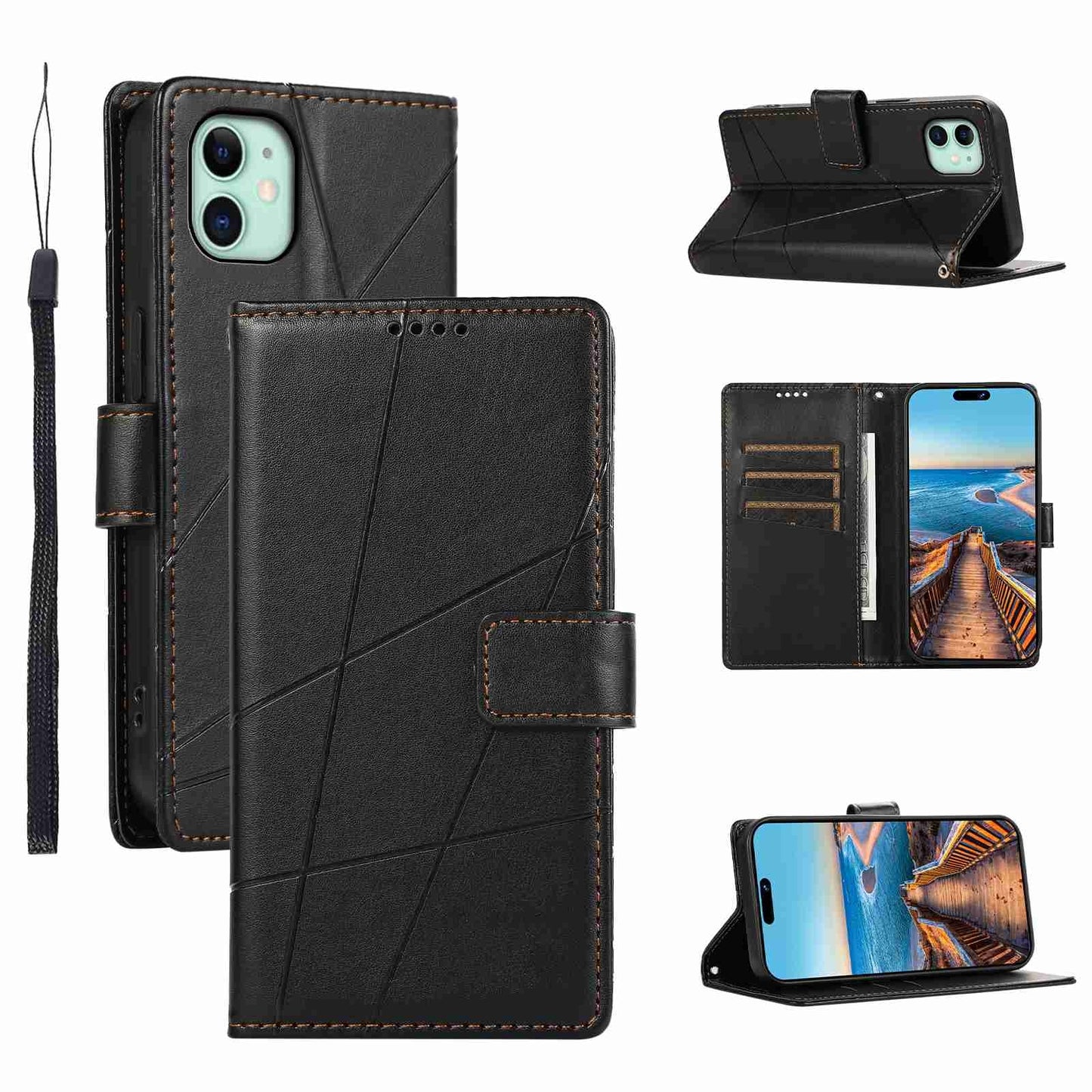 iPhone 11 PU Genuine Leather Texture Embossed Line Phone Case with Card Wallet, Kickstand & Wrist Strap