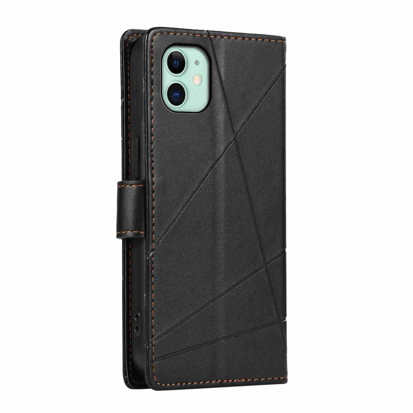 iPhone 11 PU Genuine Leather Texture Embossed Line Phone Case with Card Wallet, Kickstand & Wrist Strap