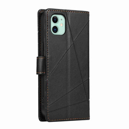 iPhone 11 PU Genuine Leather Texture Embossed Line Phone Case with Card Wallet, Kickstand & Wrist Strap