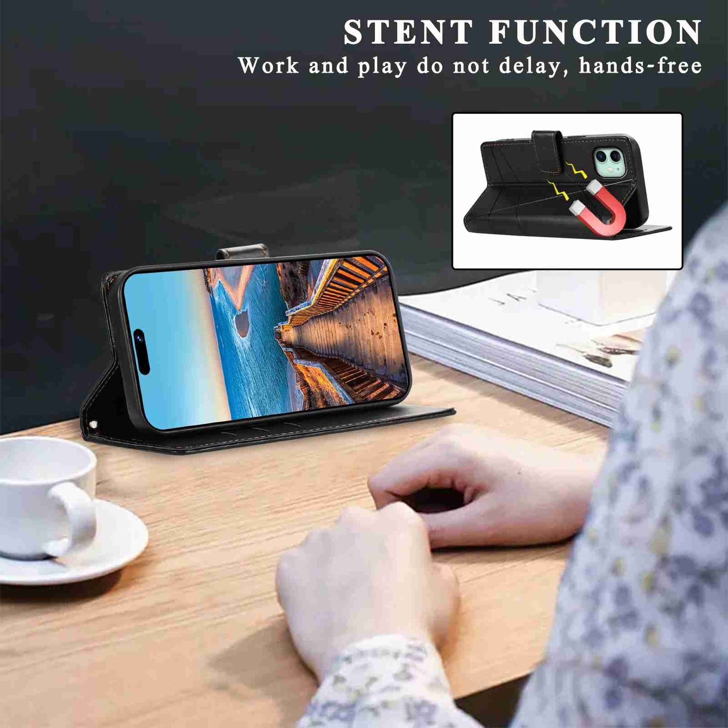 iPhone 11 PU Genuine Leather Texture Embossed Line Phone Case with Card Wallet, Kickstand & Wrist Strap
