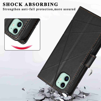 iPhone 11 PU Genuine Leather Texture Embossed Line Phone Case with Card Wallet, Kickstand & Wrist Strap