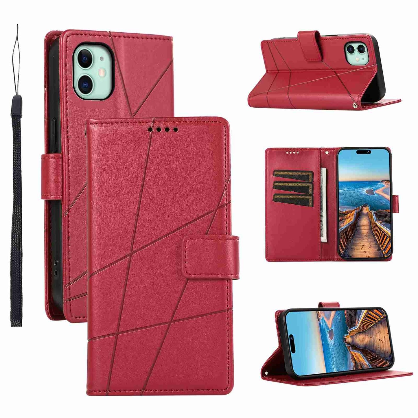 iPhone 11 PU Genuine Leather Texture Embossed Line Phone Case with Card Wallet, Kickstand & Wrist Strap