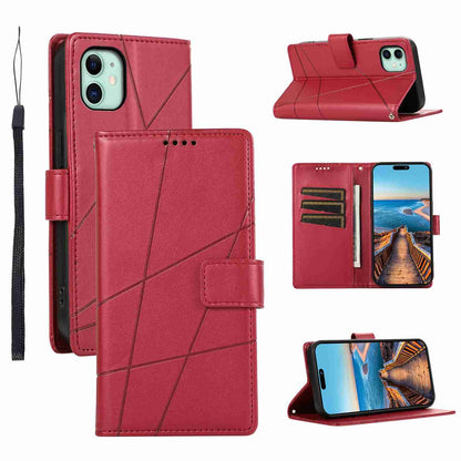 iPhone 11 PU Genuine Leather Texture Embossed Line Phone Case with Card Wallet, Kickstand & Wrist Strap