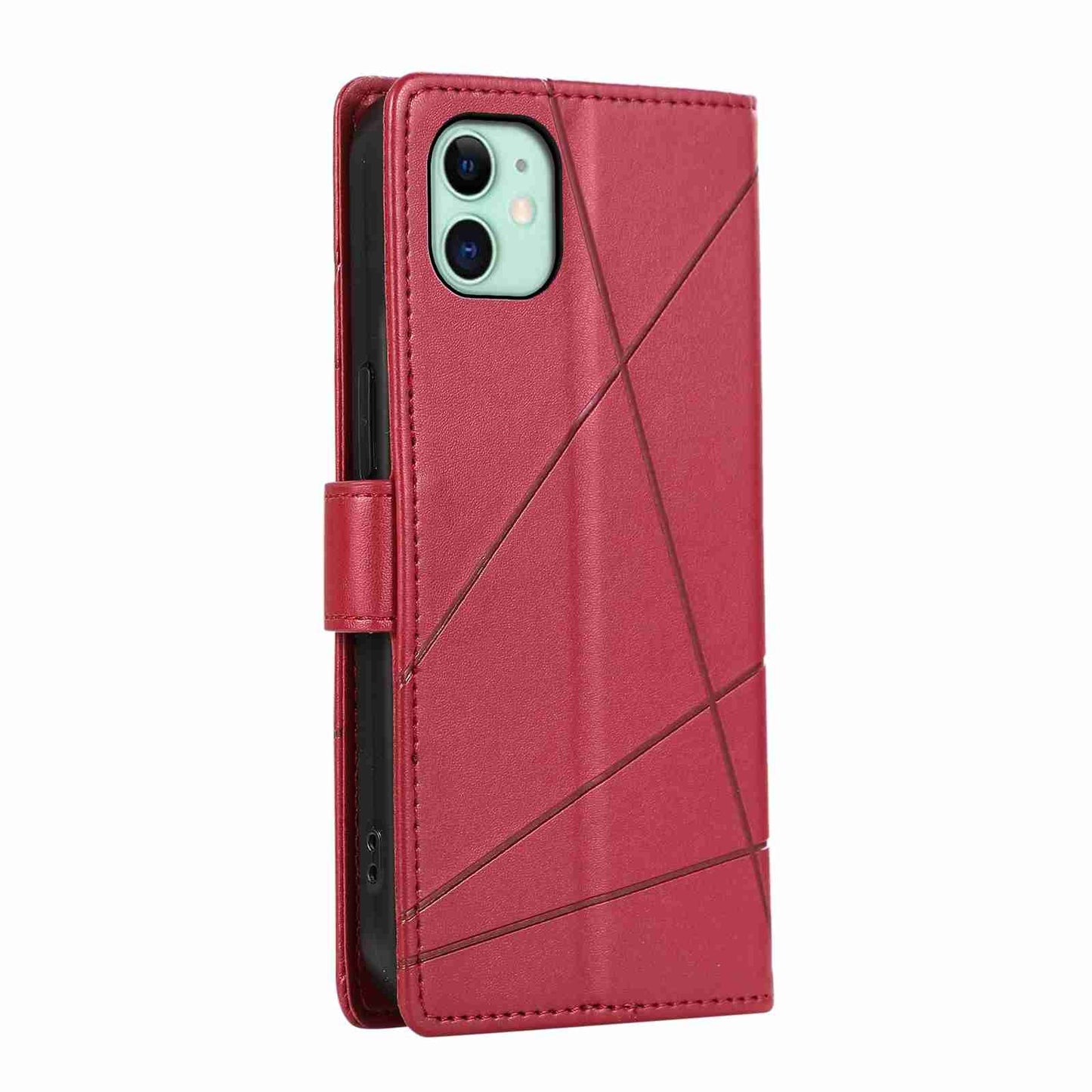 iPhone 11 PU Genuine Leather Texture Embossed Line Phone Case with Card Wallet, Kickstand & Wrist Strap