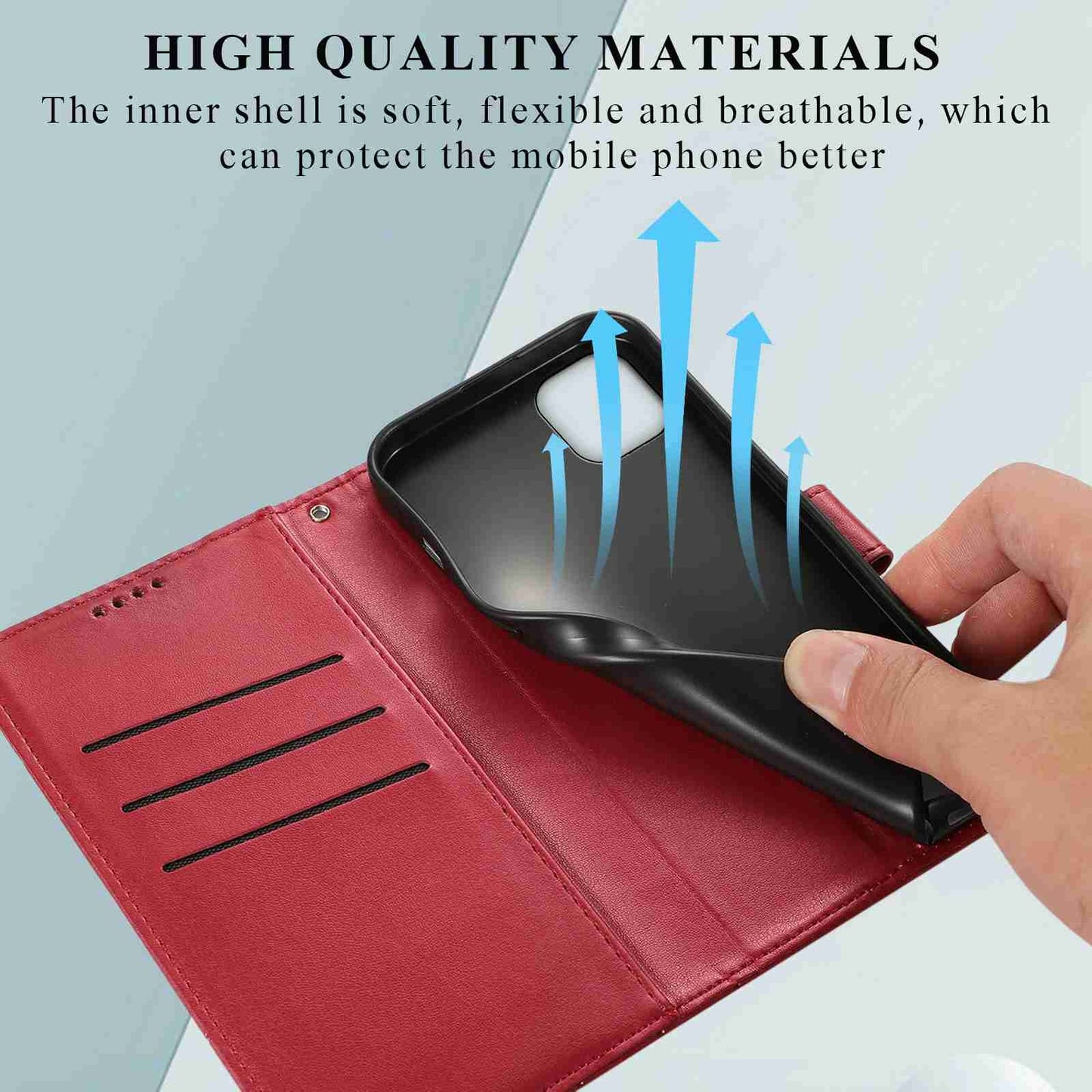 iPhone 11 PU Genuine Leather Texture Embossed Line Phone Case with Card Wallet, Kickstand & Wrist Strap