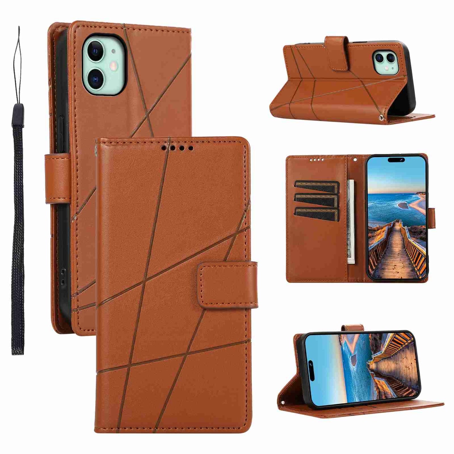 iPhone 11 PU Genuine Leather Texture Embossed Line Phone Case with Card Wallet, Kickstand & Wrist Strap