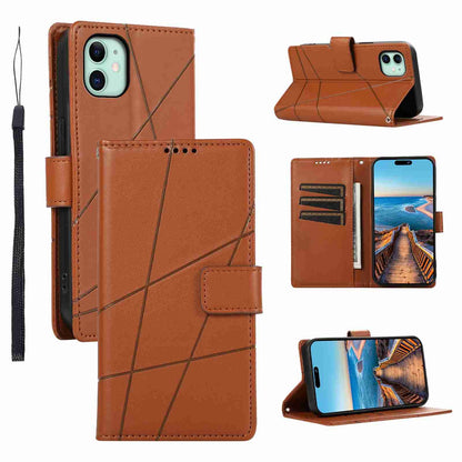 iPhone 11 PU Genuine Leather Texture Embossed Line Phone Case with Card Wallet, Kickstand & Wrist Strap