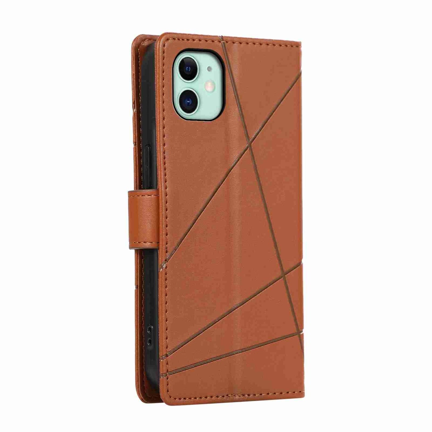 iPhone 11 PU Genuine Leather Texture Embossed Line Phone Case with Card Wallet, Kickstand & Wrist Strap