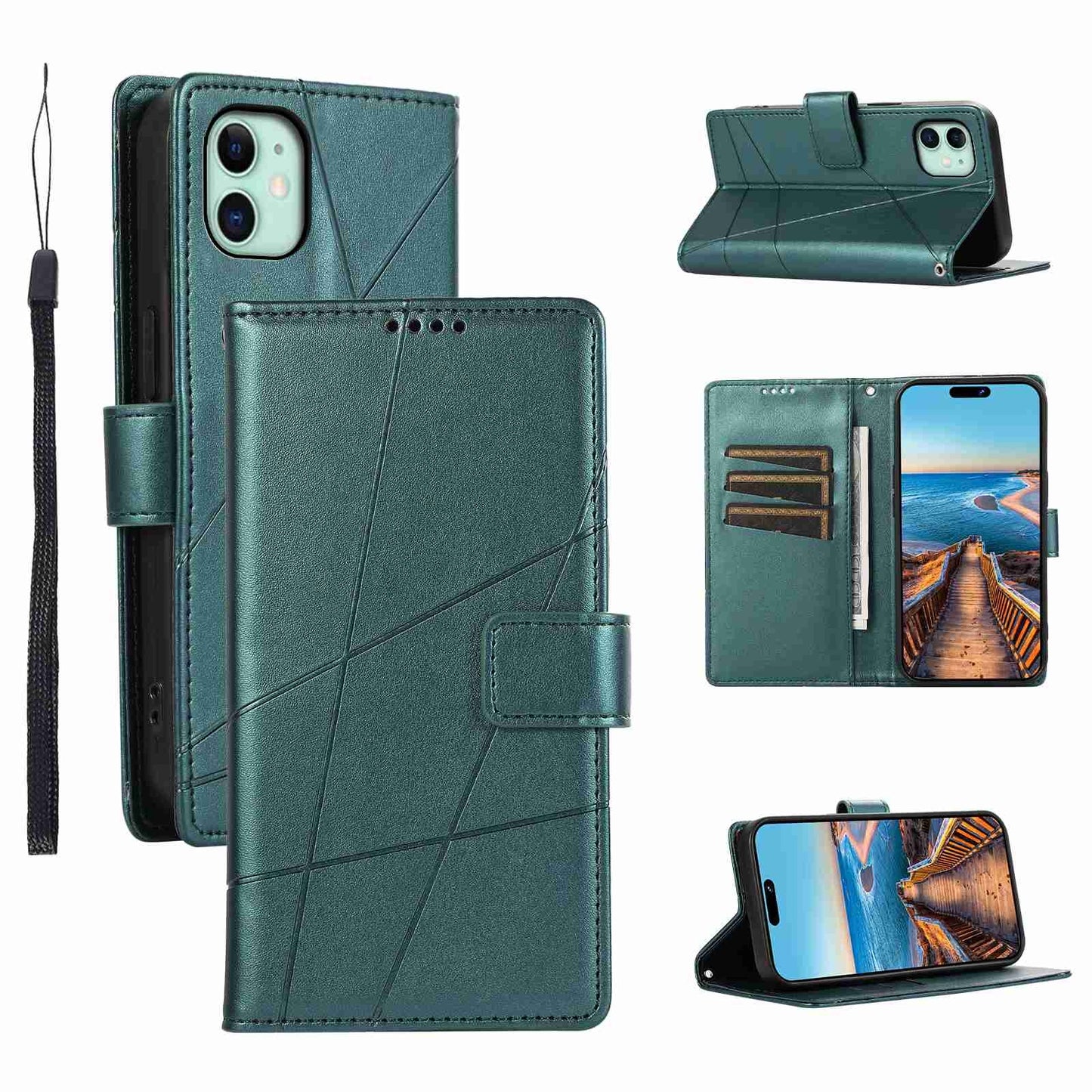 iPhone 11 PU Genuine Leather Texture Embossed Line Phone Case with Card Wallet, Kickstand & Wrist Strap