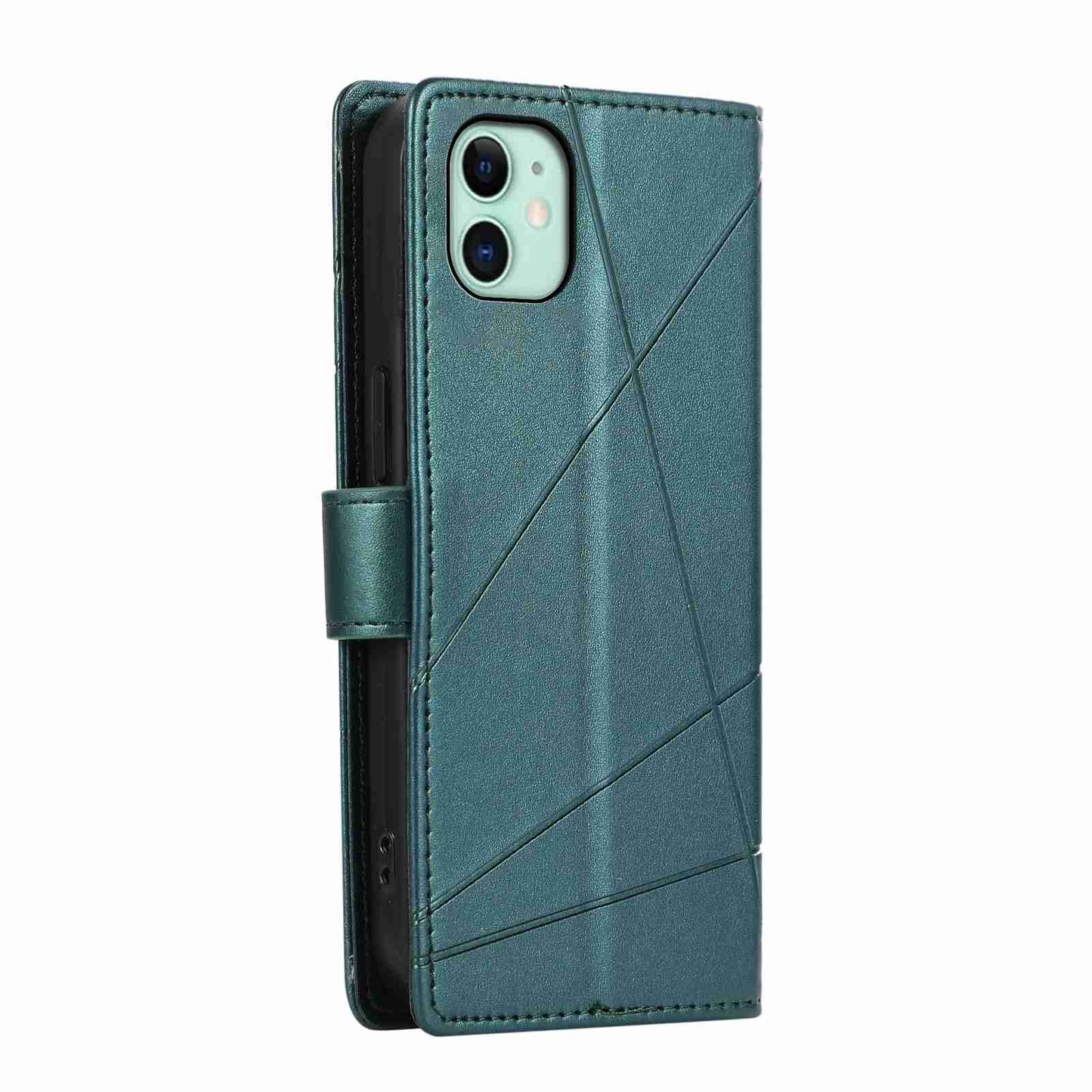 iPhone 11 PU Genuine Leather Texture Embossed Line Phone Case with Card Wallet, Kickstand & Wrist Strap