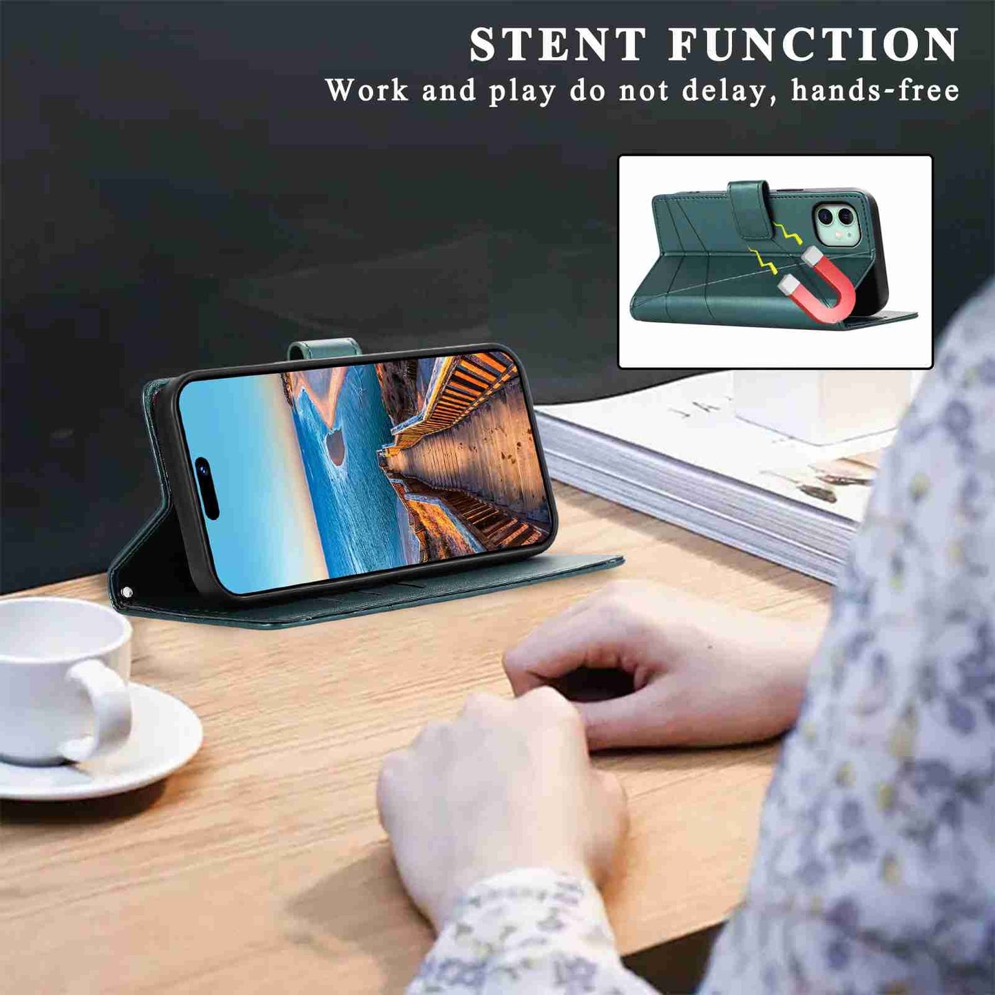 iPhone 11 PU Genuine Leather Texture Embossed Line Phone Case with Card Wallet, Kickstand & Wrist Strap