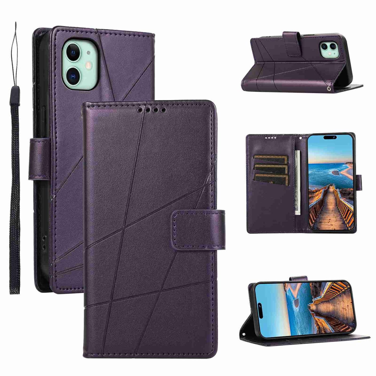 iPhone 11 PU Genuine Leather Texture Embossed Line Phone Case with Card Wallet, Kickstand & Wrist Strap