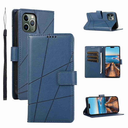 iPhone 11 Pro PU Genuine Leather Texture Embossed Line Phone Case with Card Wallet, Kickstand & Wrist Strap