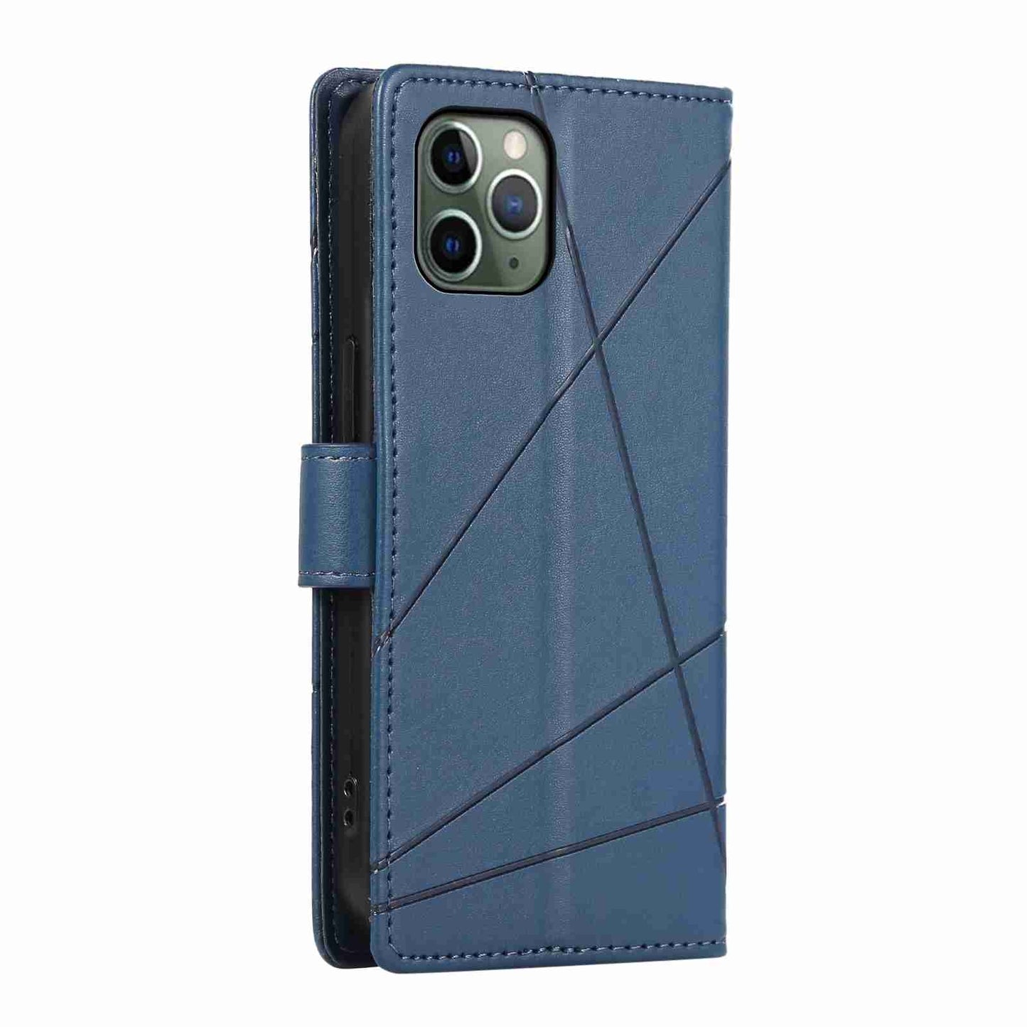 iPhone 11 Pro PU Genuine Leather Texture Embossed Line Phone Case with Card Wallet, Kickstand & Wrist Strap