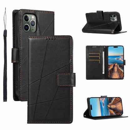 iPhone 11 Pro PU Genuine Leather Texture Embossed Line Phone Case with Card Wallet, Kickstand & Wrist Strap