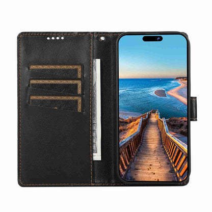 iPhone 11 Pro PU Genuine Leather Texture Embossed Line Phone Case with Card Wallet, Kickstand & Wrist Strap