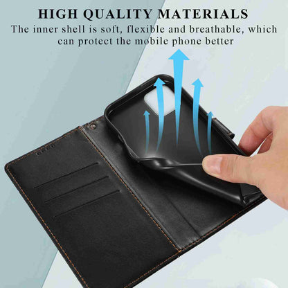 iPhone 11 Pro PU Genuine Leather Texture Embossed Line Phone Case with Card Wallet, Kickstand & Wrist Strap