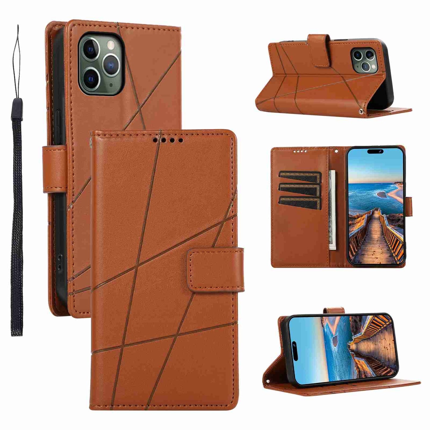 iPhone 11 Pro PU Genuine Leather Texture Embossed Line Phone Case with Card Wallet, Kickstand & Wrist Strap