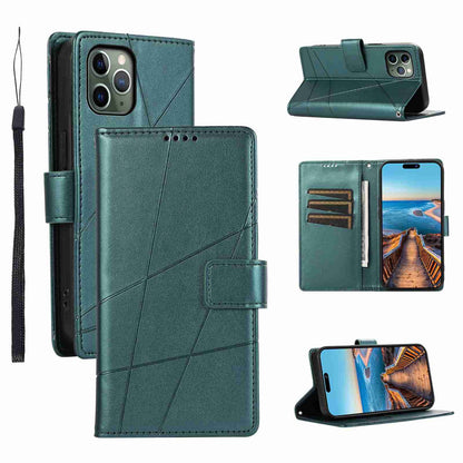 iPhone 11 Pro PU Genuine Leather Texture Embossed Line Phone Case with Card Wallet, Kickstand & Wrist Strap