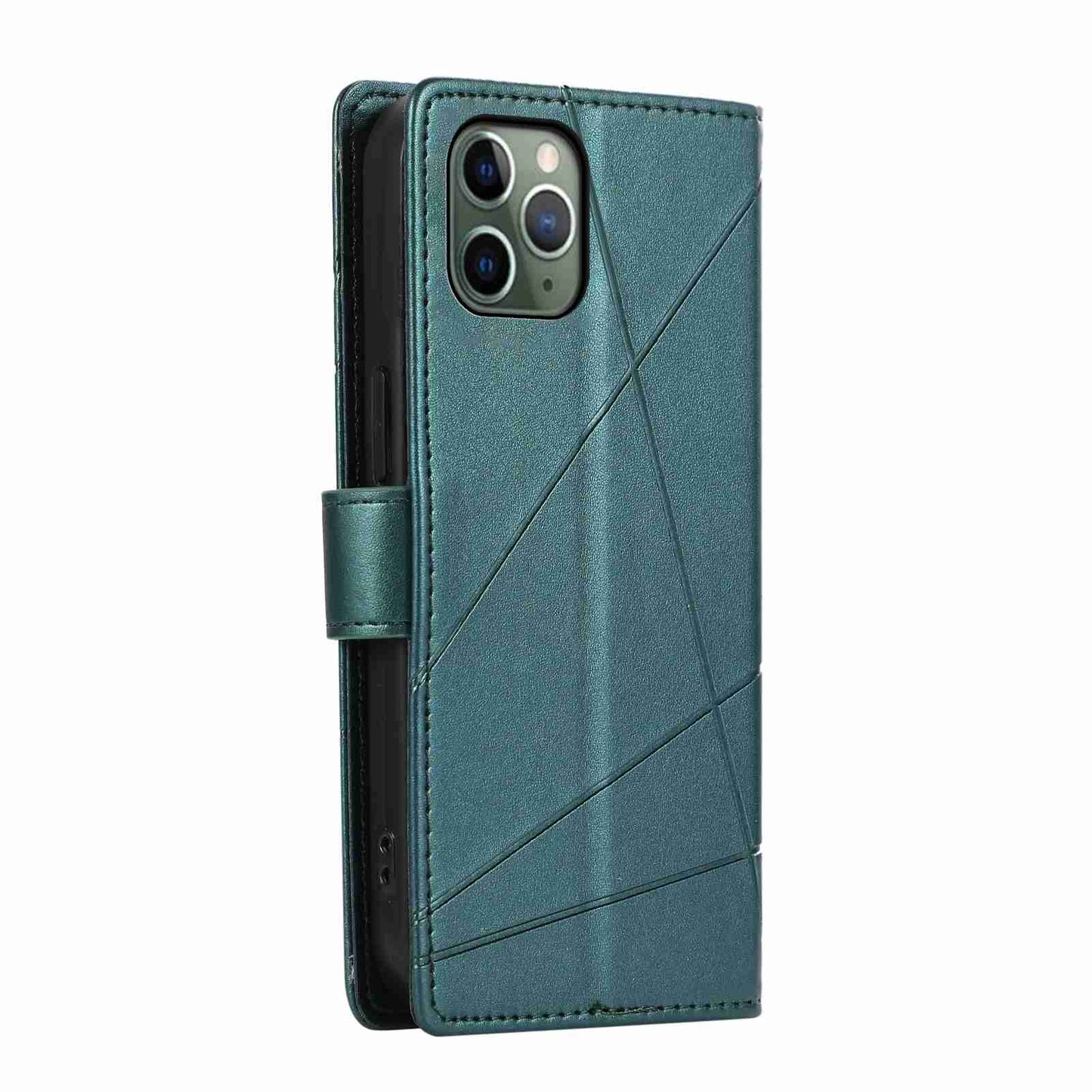 iPhone 11 Pro PU Genuine Leather Texture Embossed Line Phone Case with Card Wallet, Kickstand & Wrist Strap