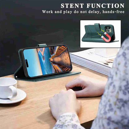 iPhone 11 Pro PU Genuine Leather Texture Embossed Line Phone Case with Card Wallet, Kickstand & Wrist Strap