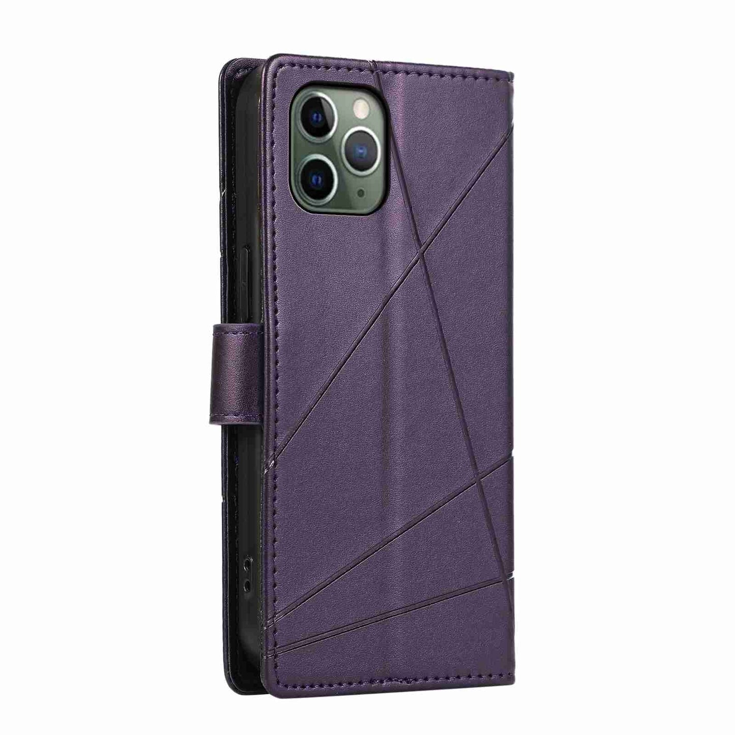 iPhone 11 Pro PU Genuine Leather Texture Embossed Line Phone Case with Card Wallet, Kickstand & Wrist Strap