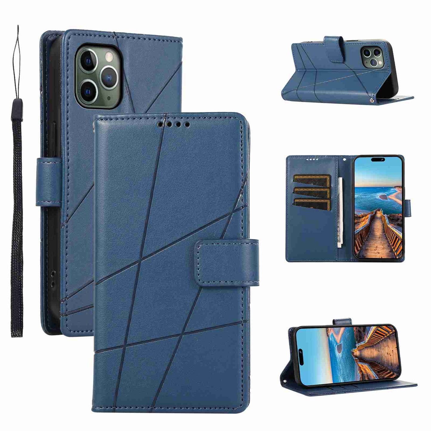 iPhone 11 Pro Max PU Genuine Leather Texture Embossed Line Phone Case with Card Wallet, Kickstand & Wrist Strap