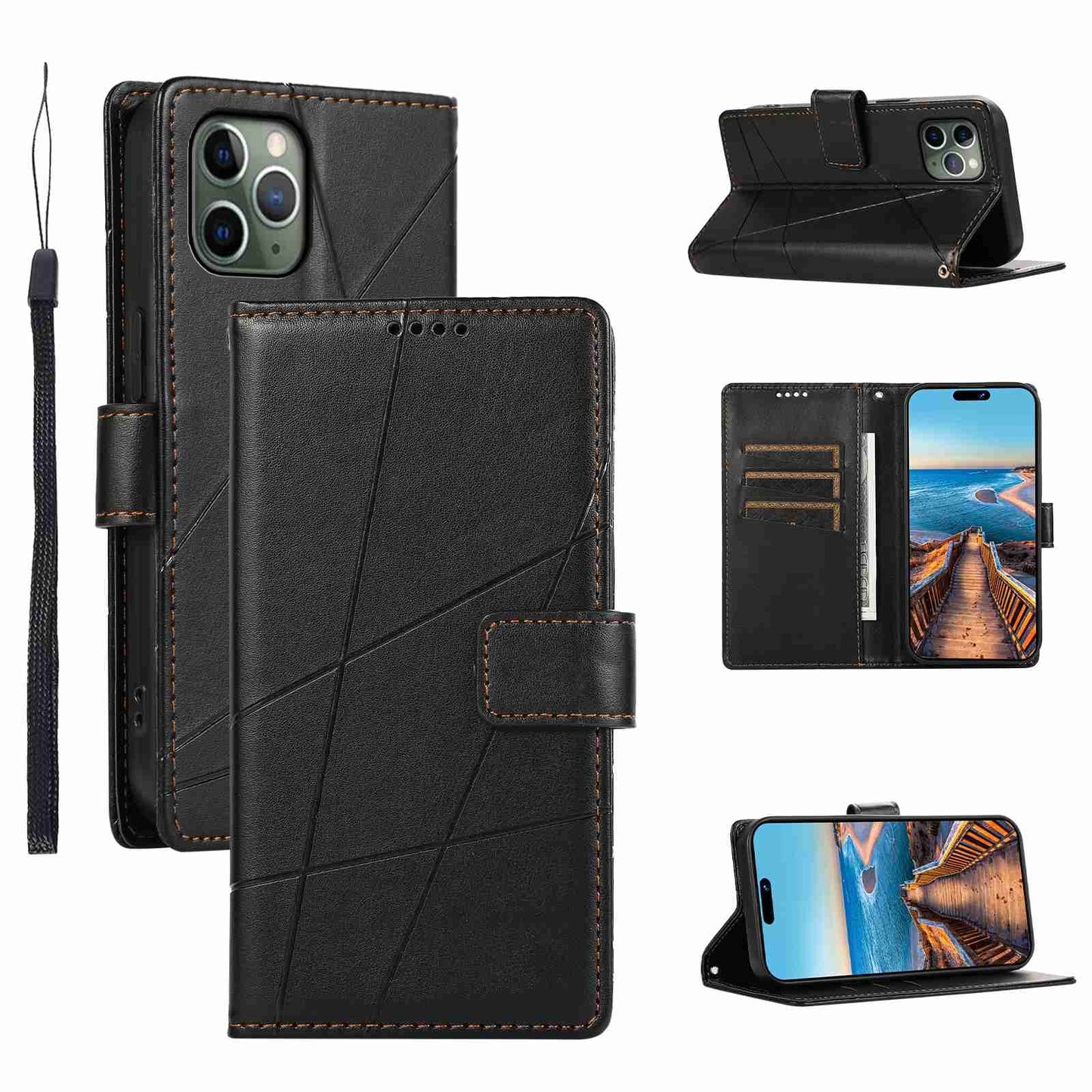 iPhone 11 Pro Max PU Genuine Leather Texture Embossed Line Phone Case with Card Wallet, Kickstand & Wrist Strap