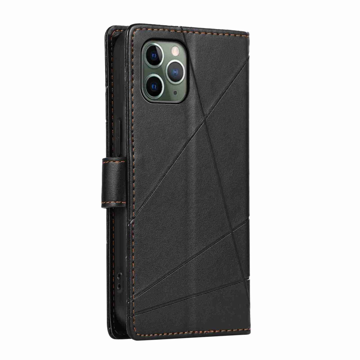 iPhone 11 Pro Max PU Genuine Leather Texture Embossed Line Phone Case with Card Wallet, Kickstand & Wrist Strap