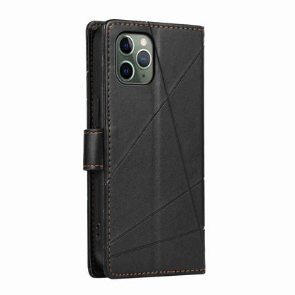 iPhone 11 Pro Max PU Genuine Leather Texture Embossed Line Phone Case with Card Wallet, Kickstand & Wrist Strap